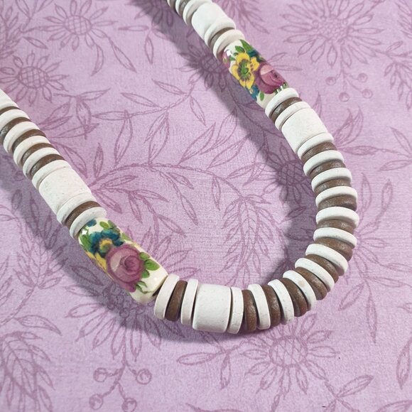 Vintage Floral Beaded Necklace Roses Yellow Flower White Brown Bead Spring Clasp - Picture 2 of 4